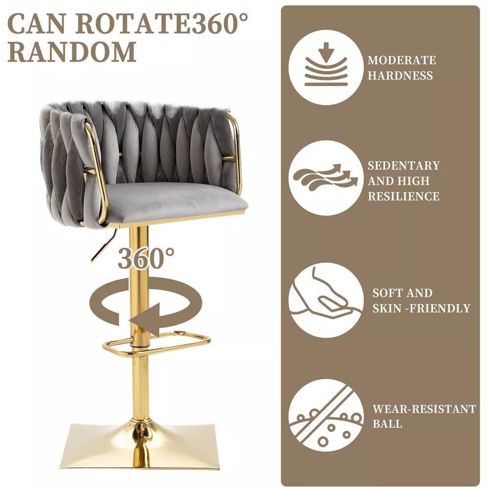 Modern Velvet Breakfast Bar Stools Swivel Barstools Adjustable Counter Stools with Backrest Set of 2 Grey