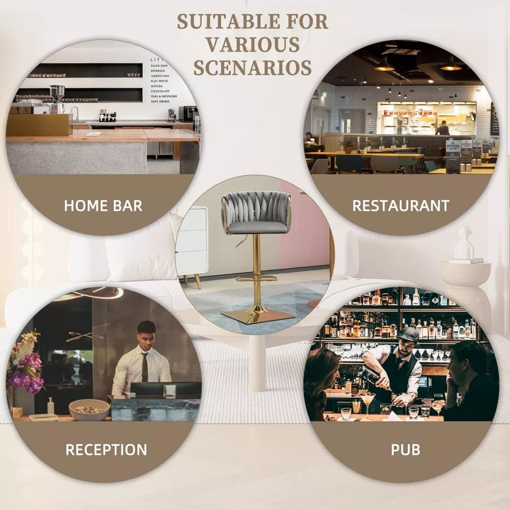 Modern Velvet Breakfast Bar Stools Swivel Barstools Adjustable Counter Stools with Backrest Set of 2 Grey