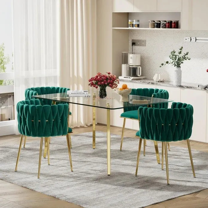 Emerald Green Modern Hand Weaving Dining Chairs,Velvet Upholstered Side Chairs with Gold Legs, Chic Vanity Chairs with Armrest, Accent Chair for Dining Room, and Cafe Set of 2