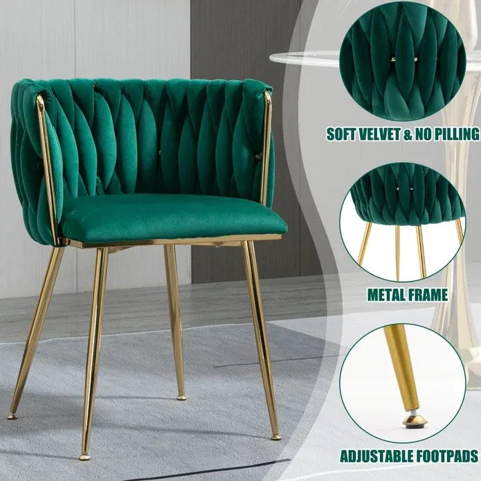 Emerald Green Modern Hand Weaving Dining Chairs,Velvet Upholstered Side Chairs with Gold Legs, Chic Vanity Chairs with Armrest, Accent Chair for Dining Room, and Cafe Set of 2