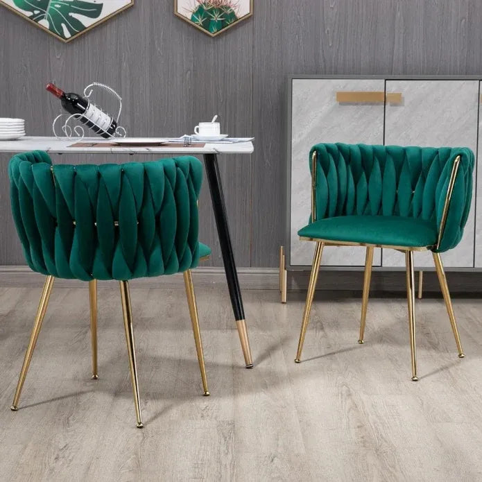 Emerald Green Modern Hand Weaving Dining Chairs,Velvet Upholstered Side Chairs with Gold Legs, Chic Vanity Chairs with Armrest, Accent Chair for Dining Room, and Cafe Set of 2