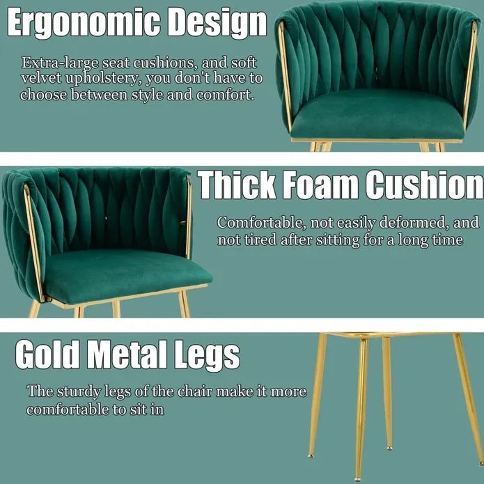 Emerald Green Modern Hand Weaving Dining Chairs,Velvet Upholstered Side Chairs with Gold Legs, Chic Vanity Chairs with Armrest, Accent Chair for Dining Room, and Cafe Set of 2