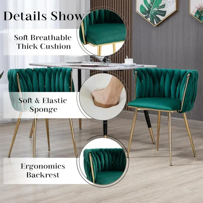 Emerald Green Modern Hand Weaving Dining Chairs,Velvet Upholstered Side Chairs with Gold Legs, Chic Vanity Chairs with Armrest, Accent Chair for Dining Room, and Cafe Set of 2