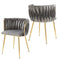 SERENITà Grey Modern Hand Weaving Dining Chairs,Velvet Upholstered Side Chairs with Gold Legs, Chic Vanity Chairs with Armrest, Accent Chair for Dining Room, and Cafe Set of 2