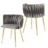 SERENITà Grey Modern Hand Weaving Dining Chairs,Velvet Upholstered Side Chairs with Gold Legs, Chic Vanity Chairs with Armrest, Accent Chair for Dining Room, and Cafe Set of 2