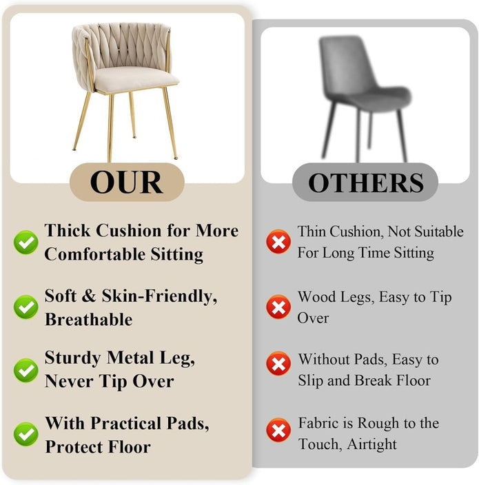 SERENITà Ivory Modern Hand Weaving Dining Chairs,Velvet Upholstered Side Chairs with Gold Legs, Chic Vanity Chairs with Armrest, Accent Chair for Dining Room, and Cafe Set of 2