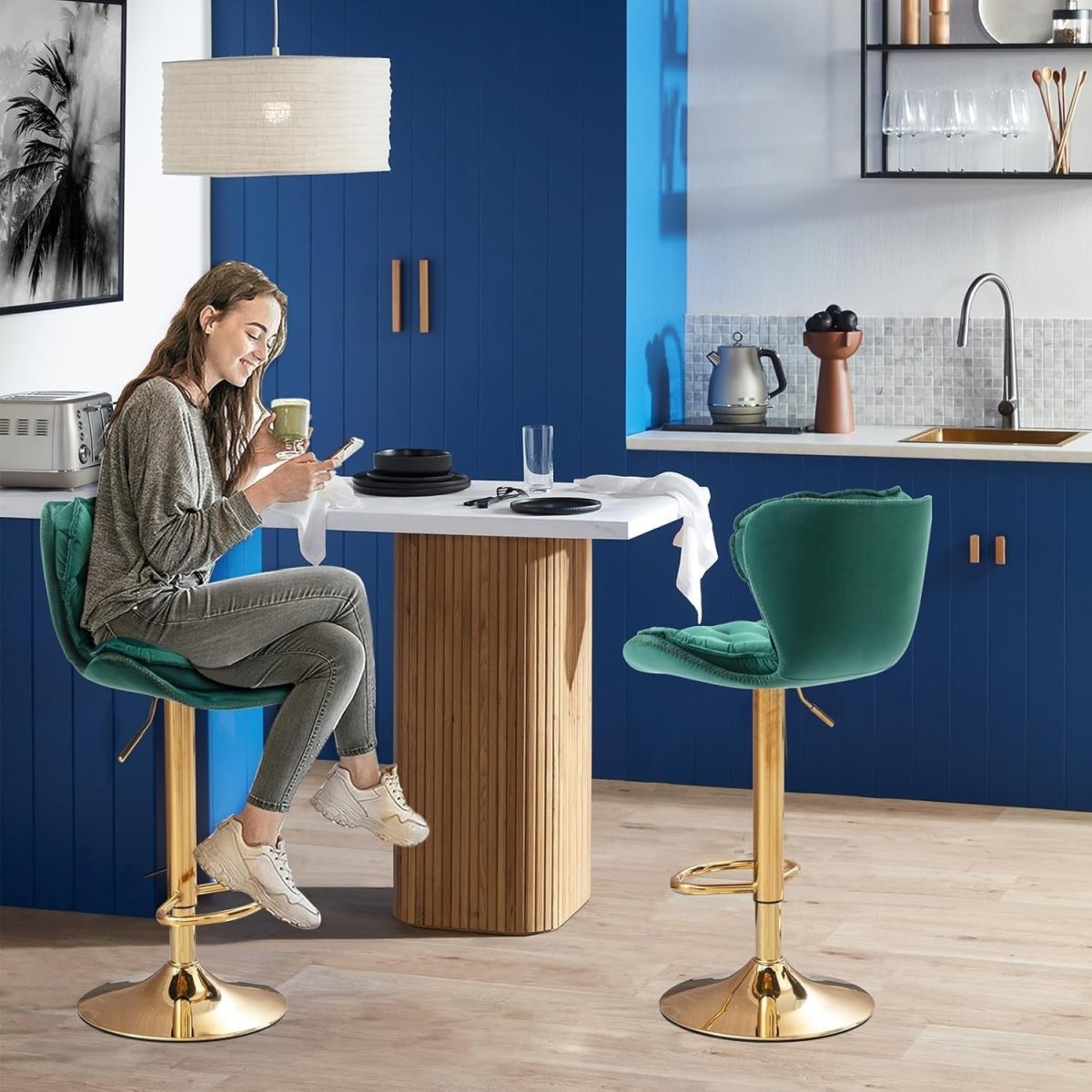 Swivel Bar Stools Set of 2 Counter Height Barstools with Back Velvet Upholstered Adjustable Stool Chair Min Century Modern Bar Stool for Kitchen Island (Emerald Green)