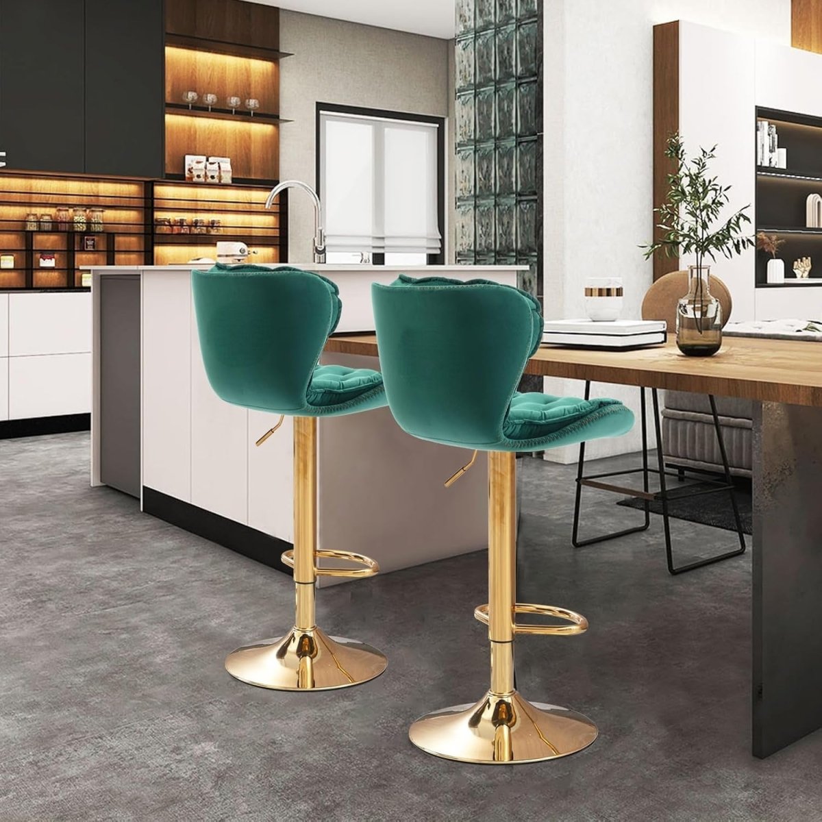 Swivel Bar Stools Set of 2 Counter Height Barstools with Back Velvet Upholstered Adjustable Stool Chair Min Century Modern Bar Stool for Kitchen Island (Emerald Green)