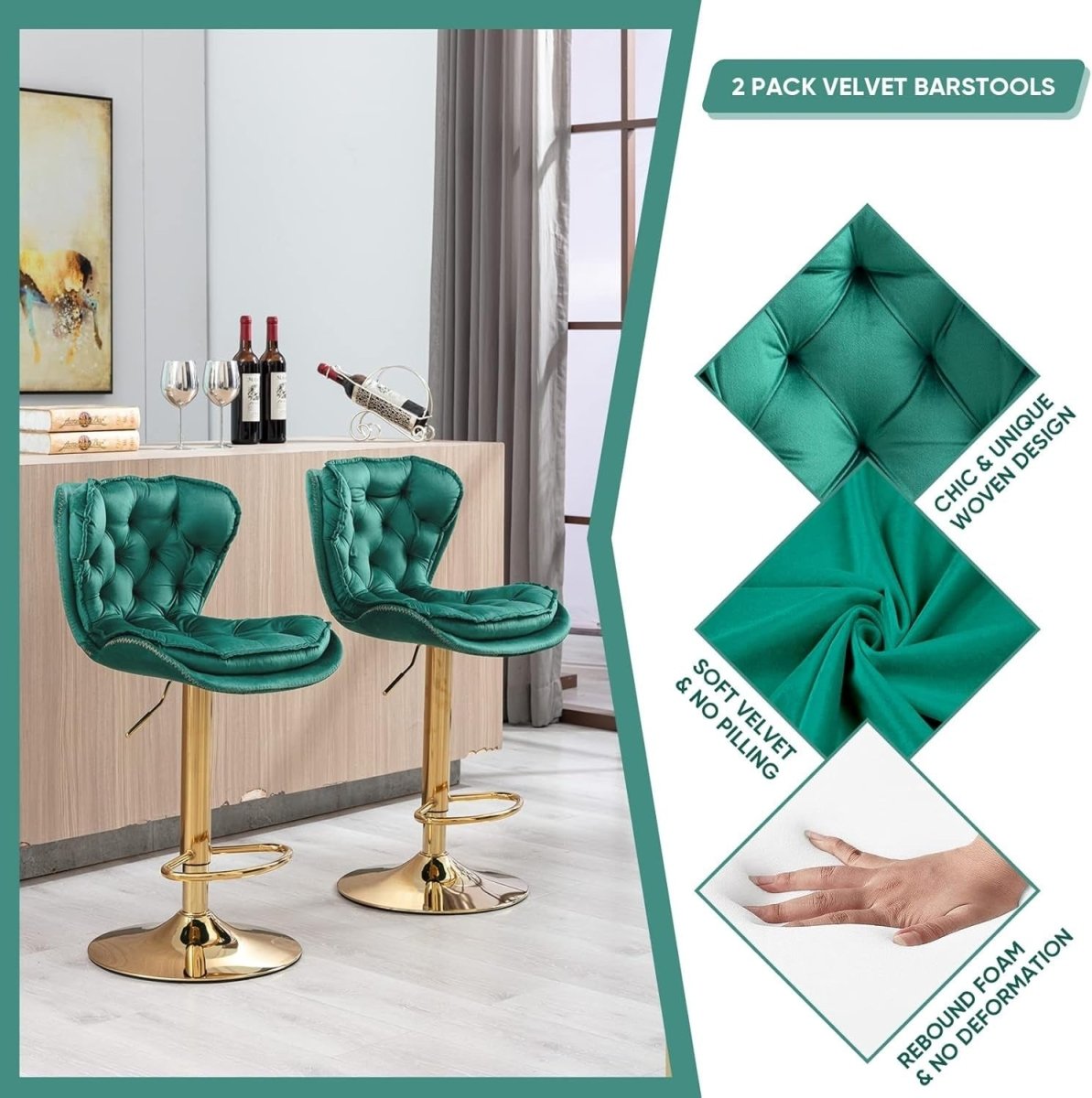 Swivel Bar Stools Set of 2 Counter Height Barstools with Back Velvet Upholstered Adjustable Stool Chair Min Century Modern Bar Stool for Kitchen Island (Emerald Green)