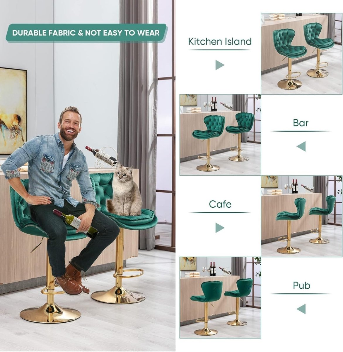 Swivel Bar Stools Set of 2 Counter Height Barstools with Back Velvet Upholstered Adjustable Stool Chair Min Century Modern Bar Stool for Kitchen Island (Emerald Green)