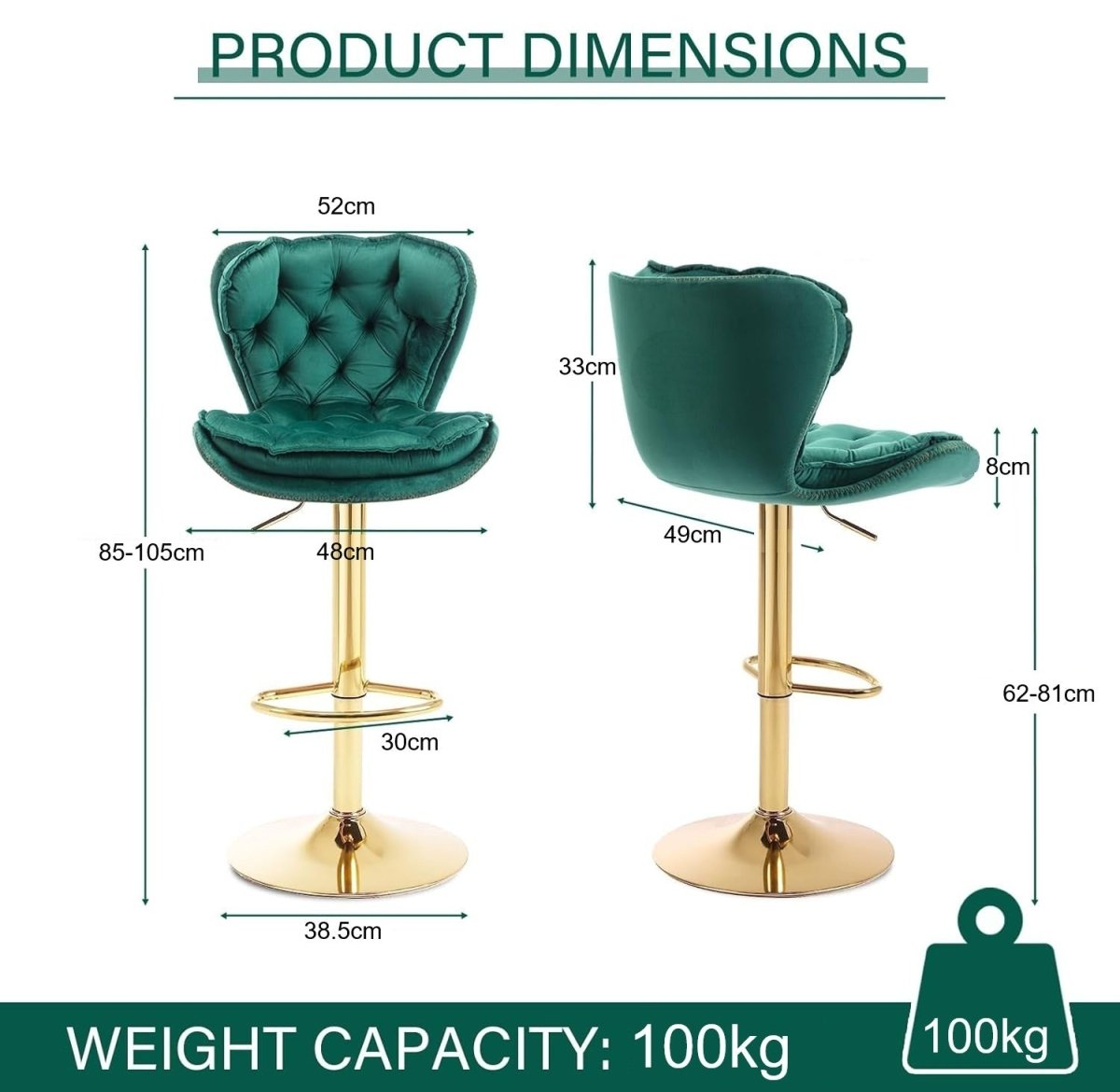 Swivel Bar Stools Set of 2 Counter Height Barstools with Back Velvet Upholstered Adjustable Stool Chair Min Century Modern Bar Stool for Kitchen Island (Emerald Green)