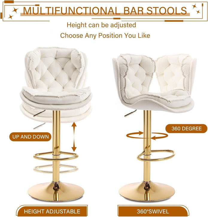 SERENITà Swivel Bar Stools Set of 2 Counter Height Barstools with Back Velvet Upholstered Adjustable Stool Chair Min Century Modern Bar Stool for Kitchen Island (Ivory)
