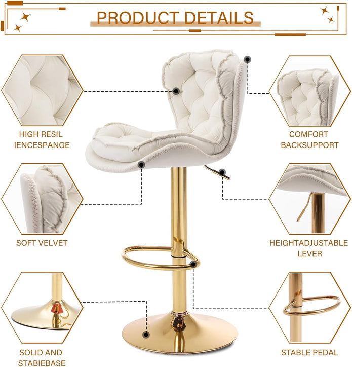 SERENITà Swivel Bar Stools Set of 2 Counter Height Barstools with Back Velvet Upholstered Adjustable Stool Chair Min Century Modern Bar Stool for Kitchen Island (Ivory)