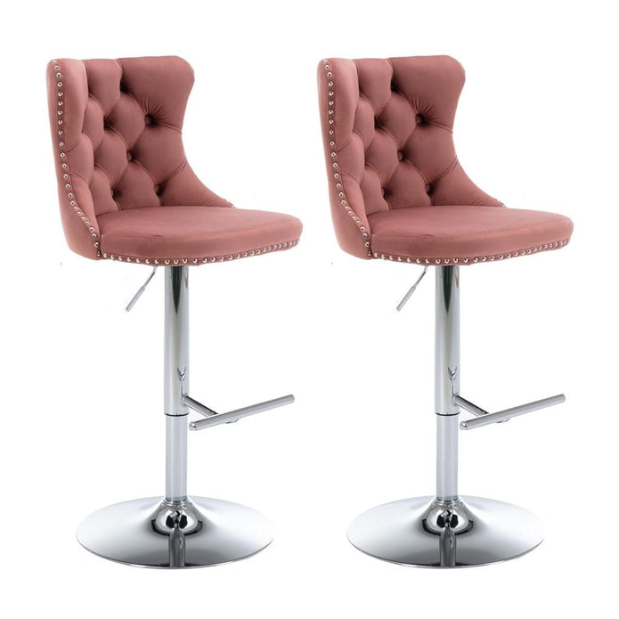SERENITà Pink Velvet Bar Stools Adjustable Swivel Counter Height Chairs with Tufted Back and Nailhead Trim for Kitchen Island Pub Restaurant (2Pcs, Chrome Metal)