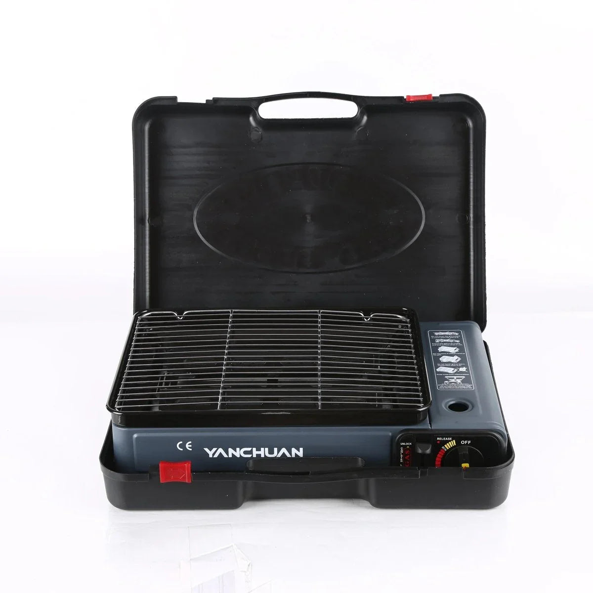 Portable Gas Stove Burner Butane BBQ Camping Gas Cooker With Non Stick Plate Black with Fish Pan and Lid