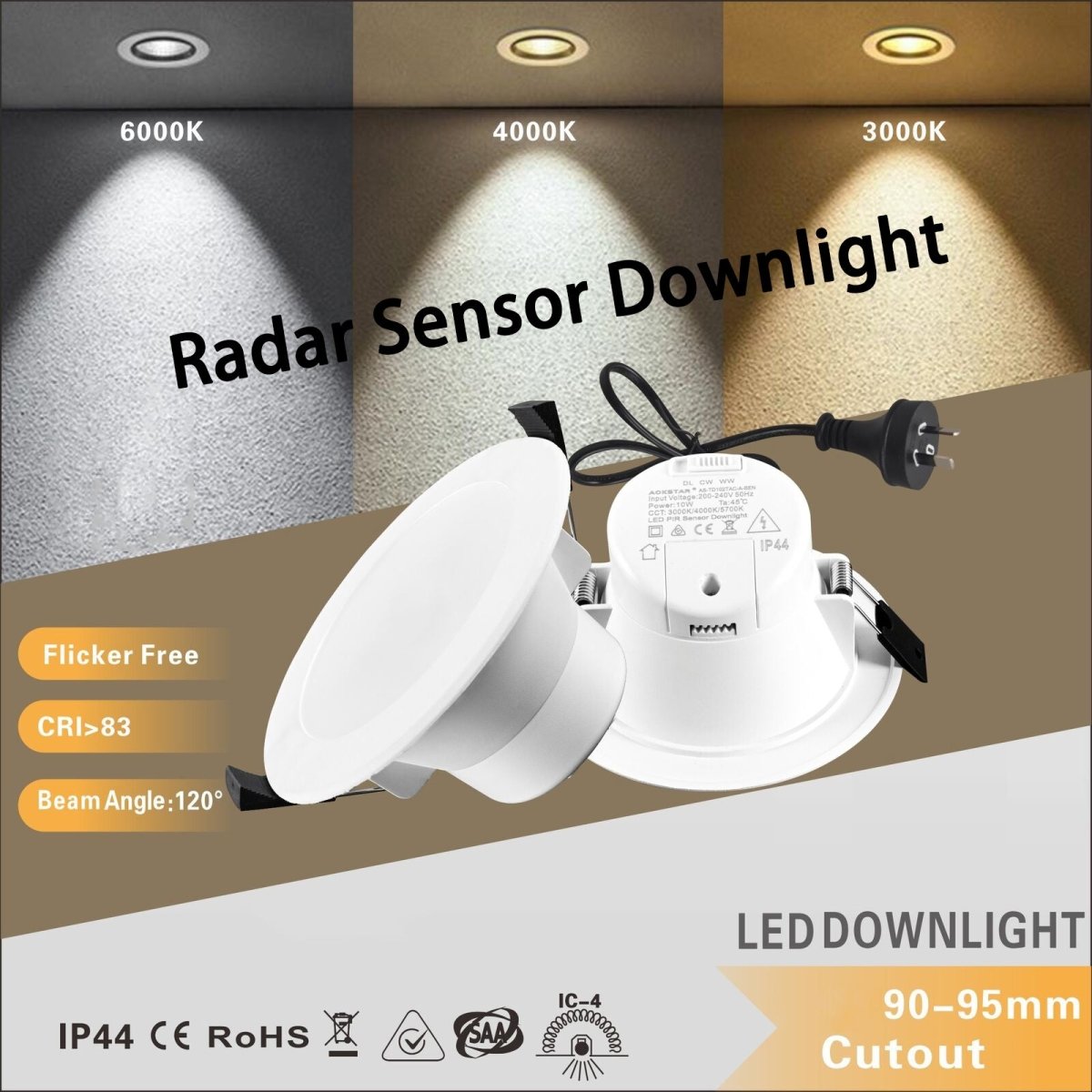 2 PCS NEW RADAR SENSOR LED DOWNLIGHT KIT 90MM 10W NON DIM 3 COLOR IN 1 WARM WHITE COOL WHITE DAY LIGHT TRI COLOR 3000/4000/6000