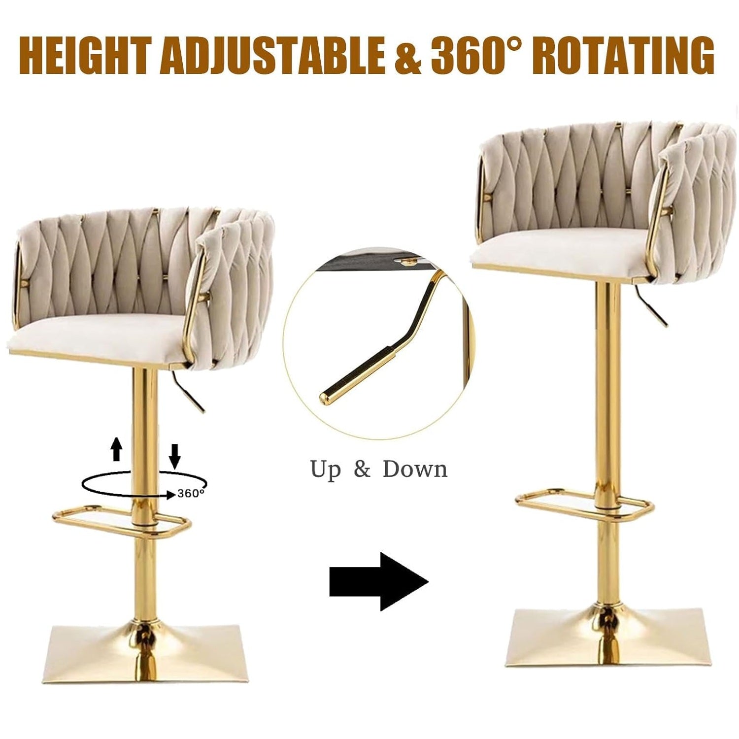 Modern Velvet Breakfast Bar Stools Swivel Barstools Adjustable Counter Stools with Backrest Set of 2 iVORY