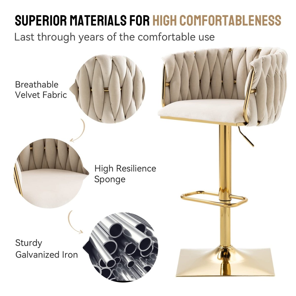 Modern Velvet Breakfast Bar Stools Swivel Barstools Adjustable Counter Stools with Backrest Set of 2 iVORY