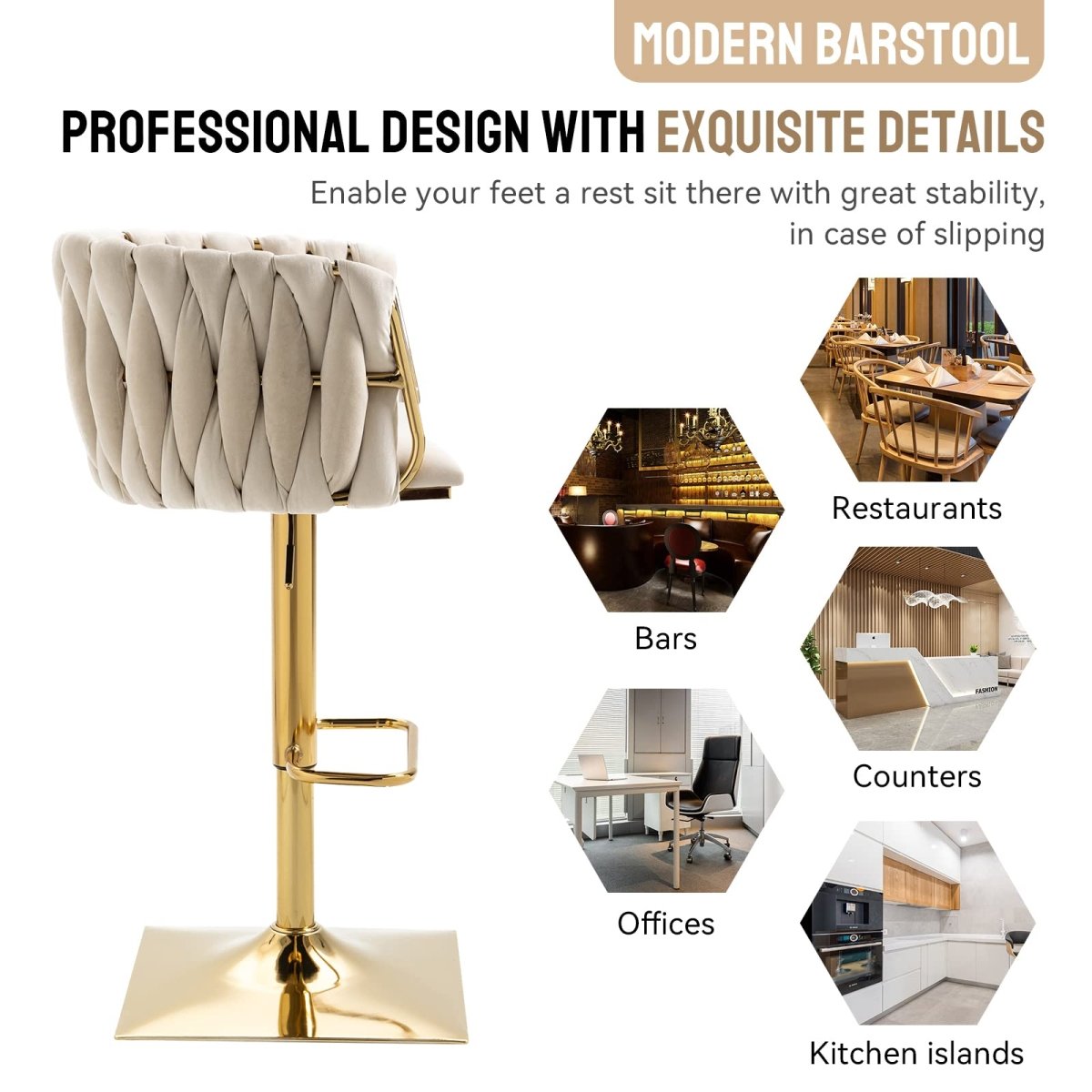 Modern Velvet Breakfast Bar Stools Swivel Barstools Adjustable Counter Stools with Backrest Set of 2 iVORY