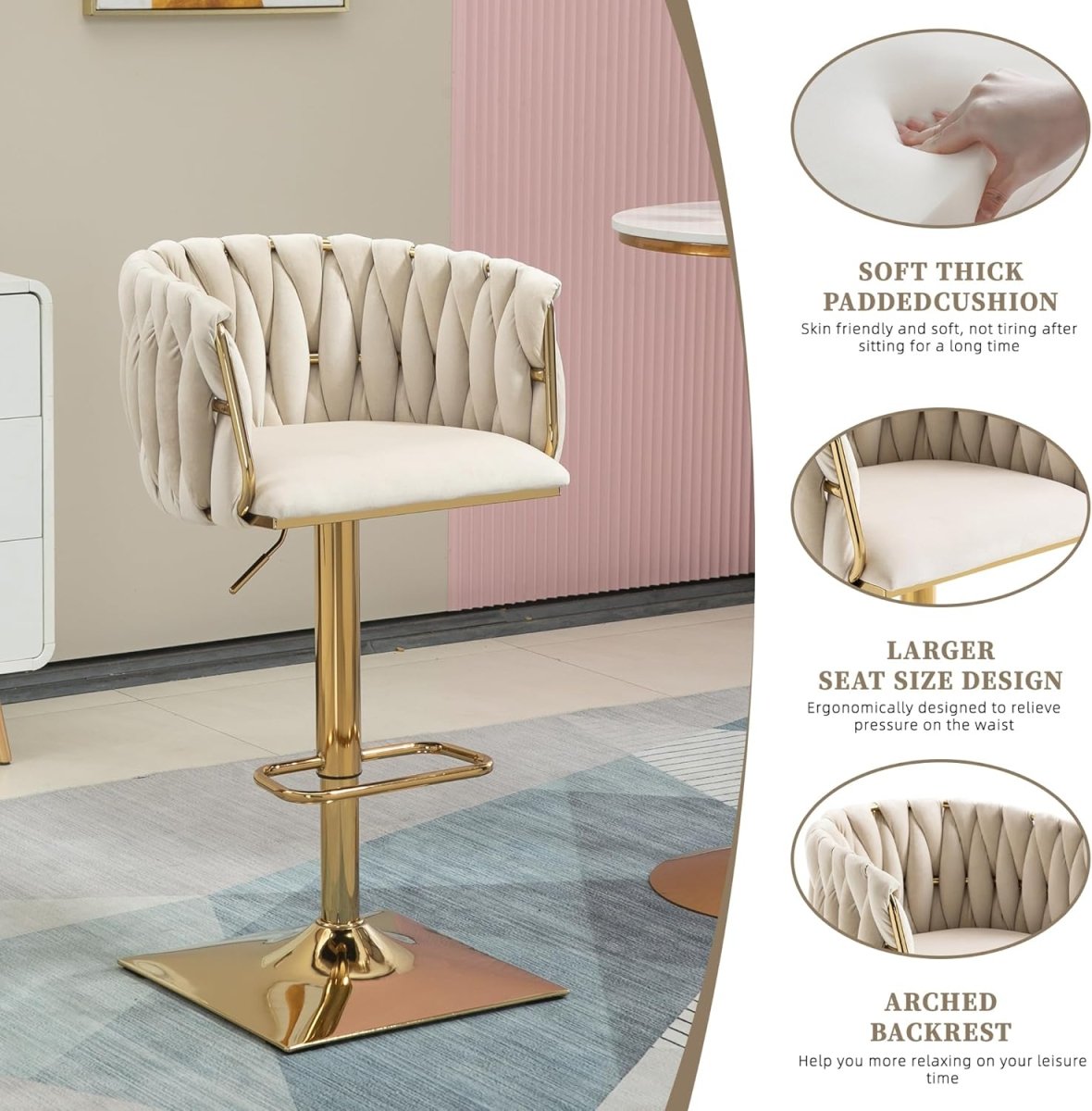 Modern Velvet Breakfast Bar Stools Swivel Barstools Adjustable Counter Stools with Backrest Set of 2 iVORY