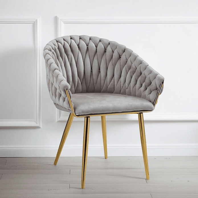 Grey Modern Velvet Dining Chairs, Upholstered Living Room Chair with Woven Back and Golden Metal Legs, Mid-Century Accent Set of 2(Grey)