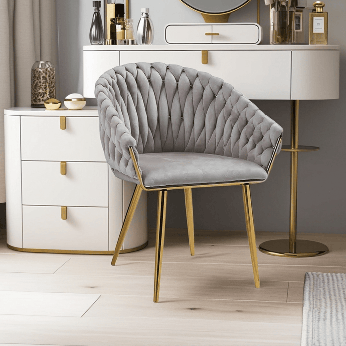 Grey Modern Velvet Dining Chairs, Upholstered Living Room Chair with Woven Back and Golden Metal Legs, Mid-Century Accent Set of 2(Grey)