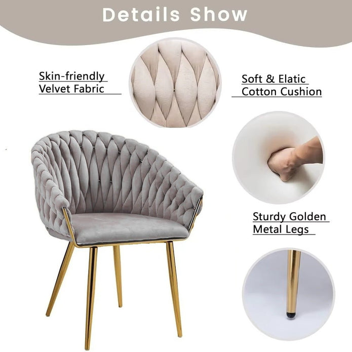 Grey Modern Velvet Dining Chairs, Upholstered Living Room Chair with Woven Back and Golden Metal Legs, Mid-Century Accent Set of 2(Grey)