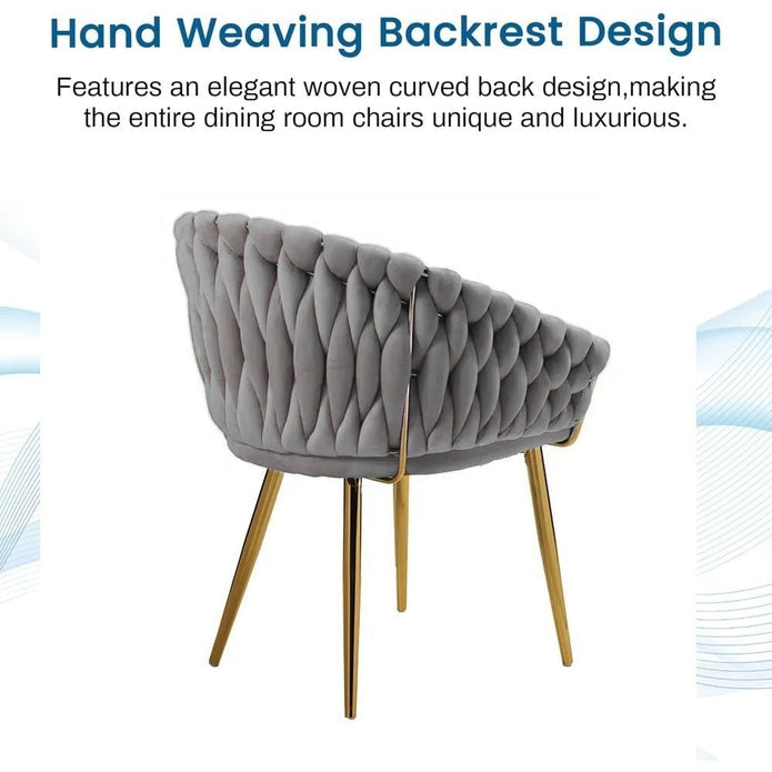 Grey Modern Velvet Dining Chairs, Upholstered Living Room Chair with Woven Back and Golden Metal Legs, Mid-Century Accent Set of 2(Grey)