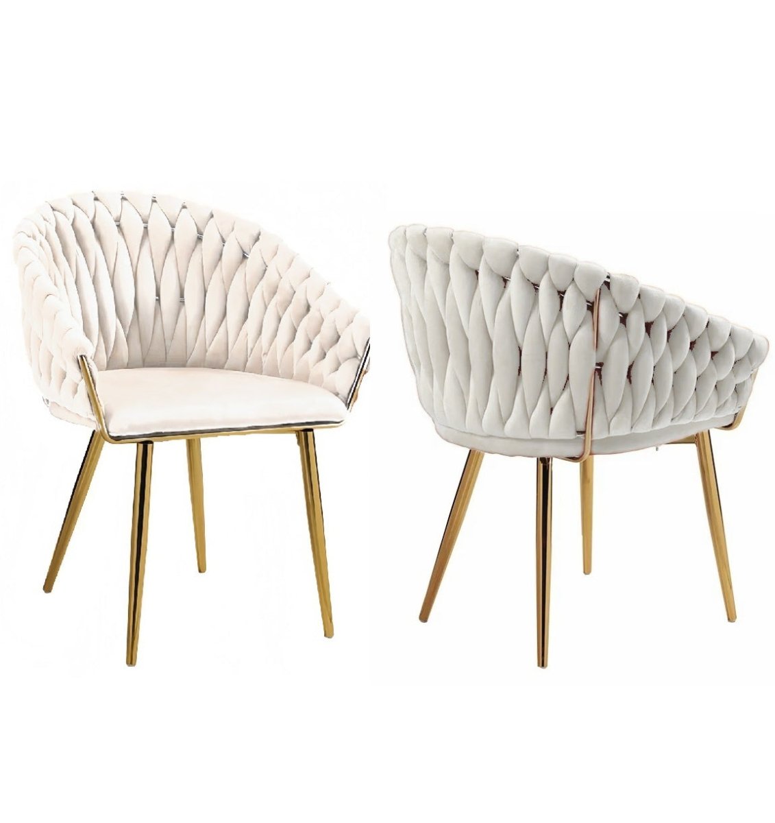 Ivory Modern Velvet Dining Chairs, Upholstered Living Room Chair with Woven Back and Golden Metal Legs, Mid-Century Accent Set of 2(Ivory)