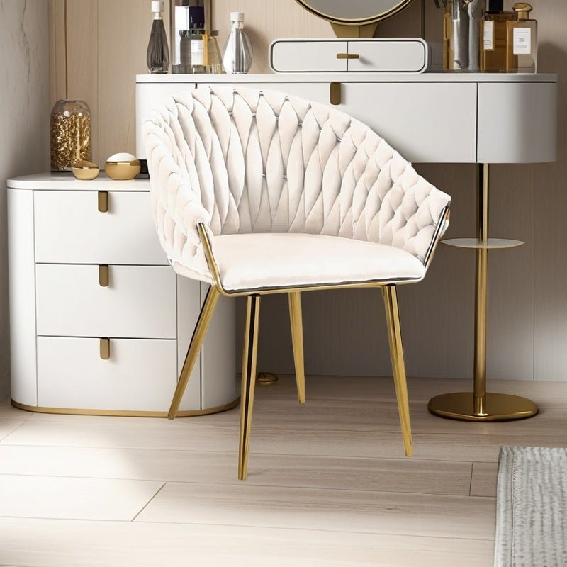 Ivory Modern Velvet Dining Chairs, Upholstered Living Room Chair with Woven Back and Golden Metal Legs, Mid-Century Accent Set of 2(Ivory)