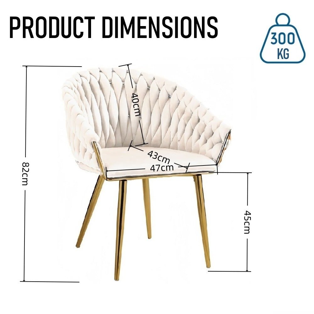 Ivory Modern Velvet Dining Chairs, Upholstered Living Room Chair with Woven Back and Golden Metal Legs, Mid-Century Accent Set of 2(Ivory)