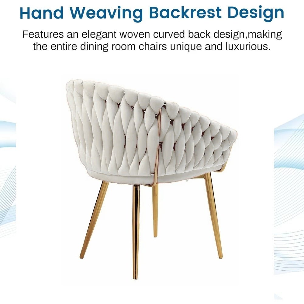 Ivory Modern Velvet Dining Chairs, Upholstered Living Room Chair with Woven Back and Golden Metal Legs, Mid-Century Accent Set of 2(Ivory)