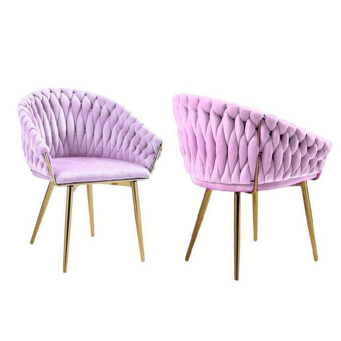 Pink Modern Velvet Dining Chairs, Upholstered Living Room Chair with Woven Back and Golden Metal Legs, Mid-Century Accent Set of 2(Pink)