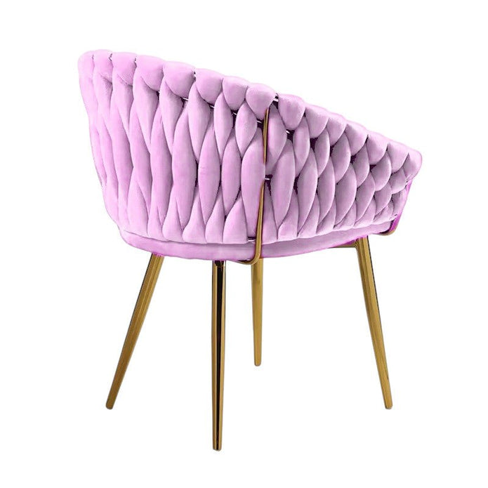 Pink Modern Velvet Dining Chairs, Upholstered Living Room Chair with Woven Back and Golden Metal Legs, Mid-Century Accent Set of 2(Pink)