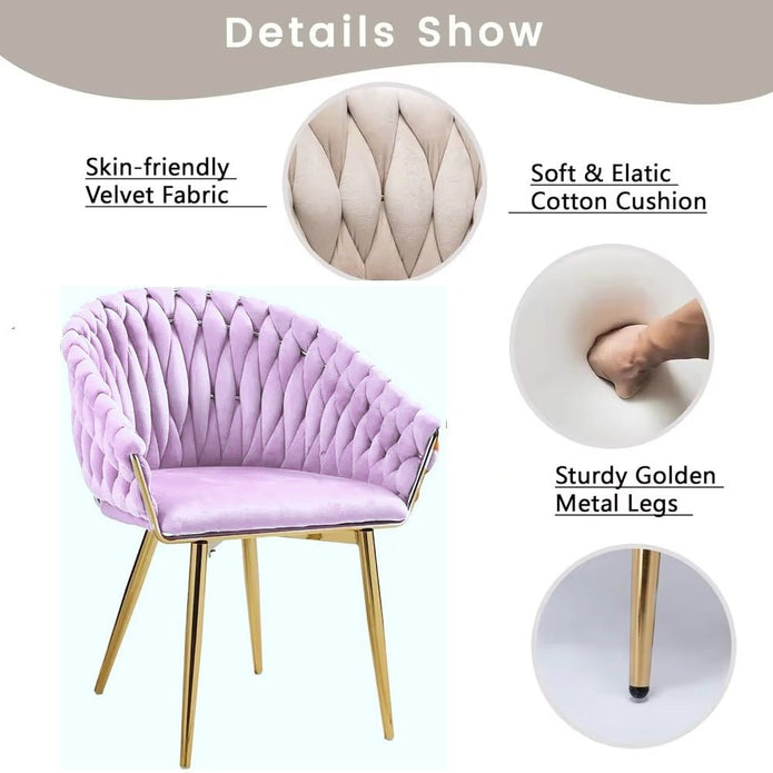 Pink Modern Velvet Dining Chairs, Upholstered Living Room Chair with Woven Back and Golden Metal Legs, Mid-Century Accent Set of 2(Pink)