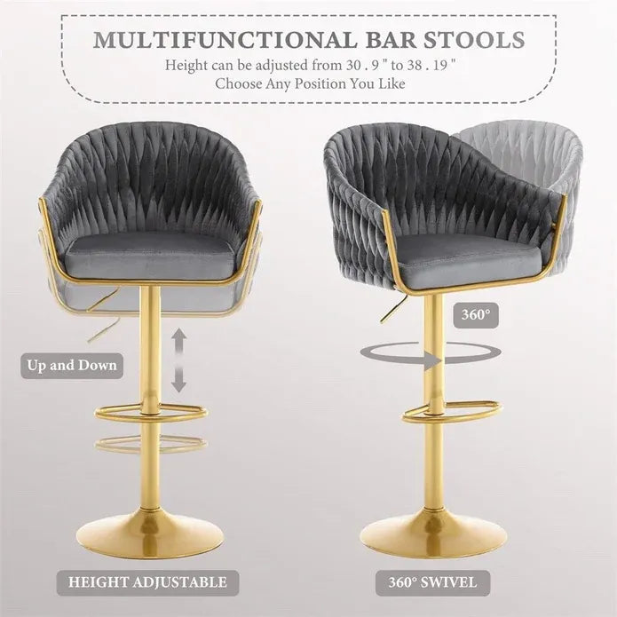 GP1863 Modern Velvet Breakfast Bar Stools Swivel Barstools Adjustable Counter Stools with Backrest (Gold-Grey)