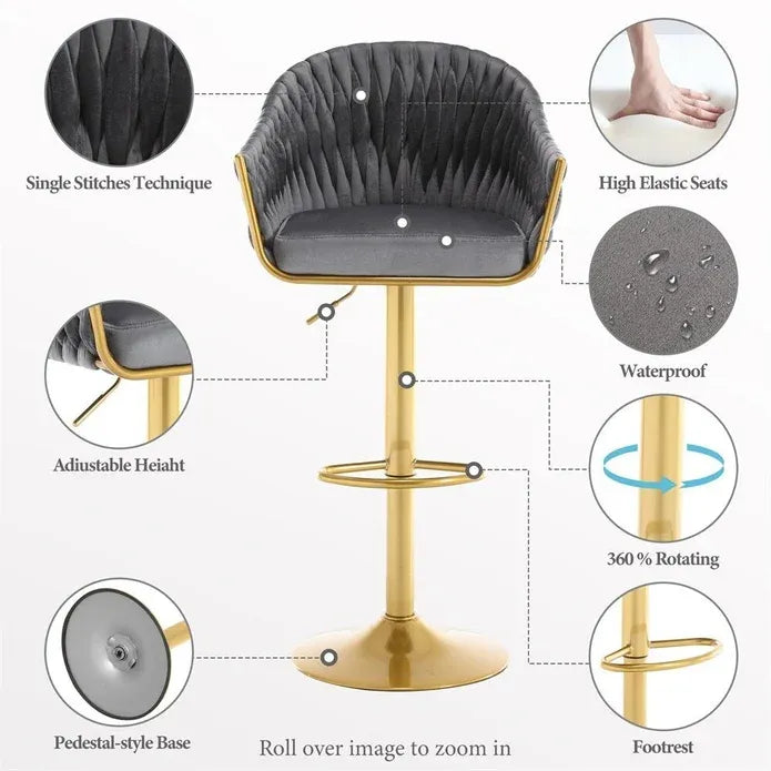 GP1863 Modern Velvet Breakfast Bar Stools Swivel Barstools Adjustable Counter Stools with Backrest (Gold-Grey)