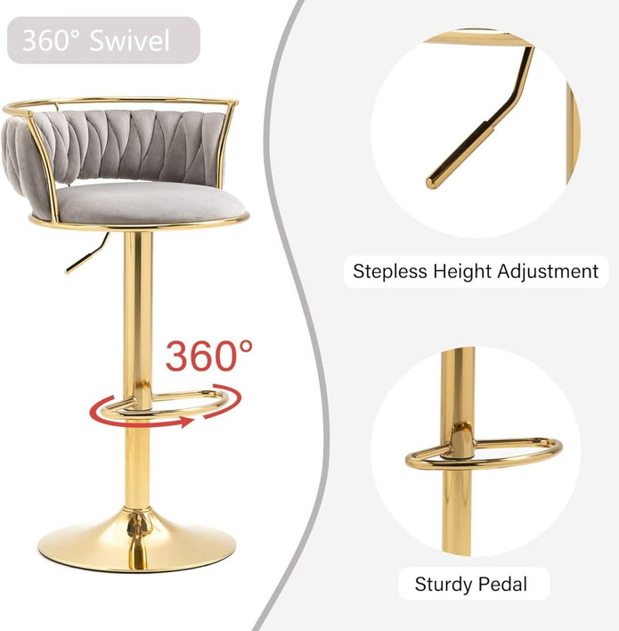 SERENITà Golden Swivel Upholstered Velvet Adjustable Height Counter Stool with Metal Frame Grey (Set of 2)