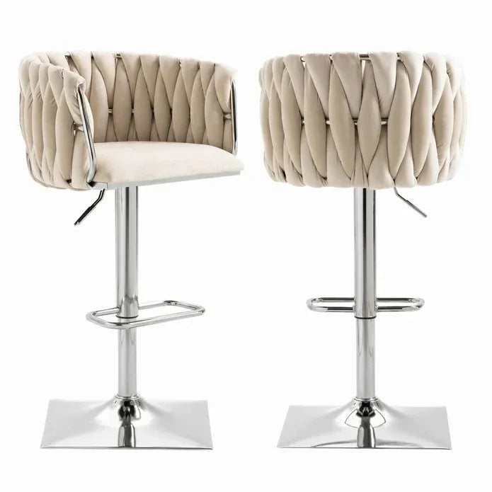Velvet Bar Stools Set of 2 Swivel Adjustable Height with Backrest Silver Ivory