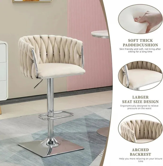 Velvet Bar Stools Set of 2 Swivel Adjustable Height with Backrest Silver Ivory
