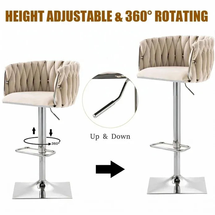 Velvet Bar Stools Set of 2 Swivel Adjustable Height with Backrest Silver Ivory