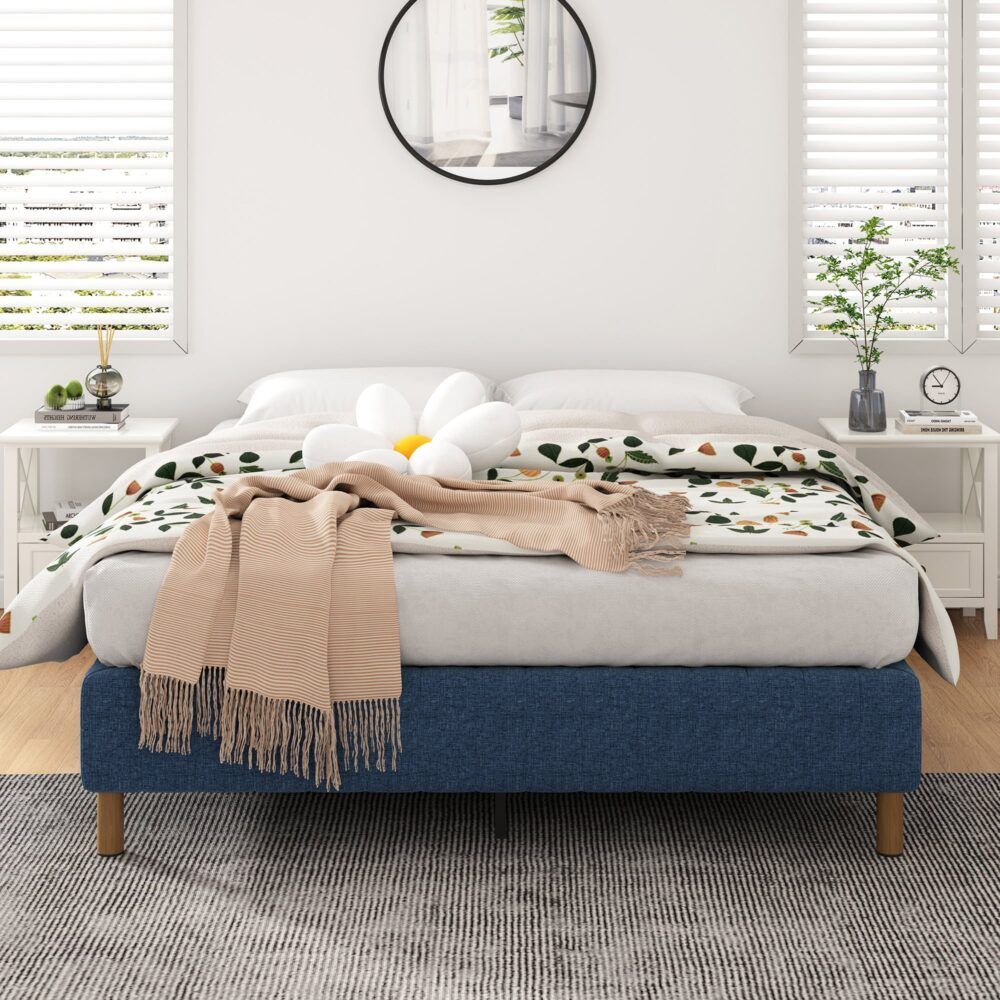 Metal Bed Frame Mattress Foundation Blue  King