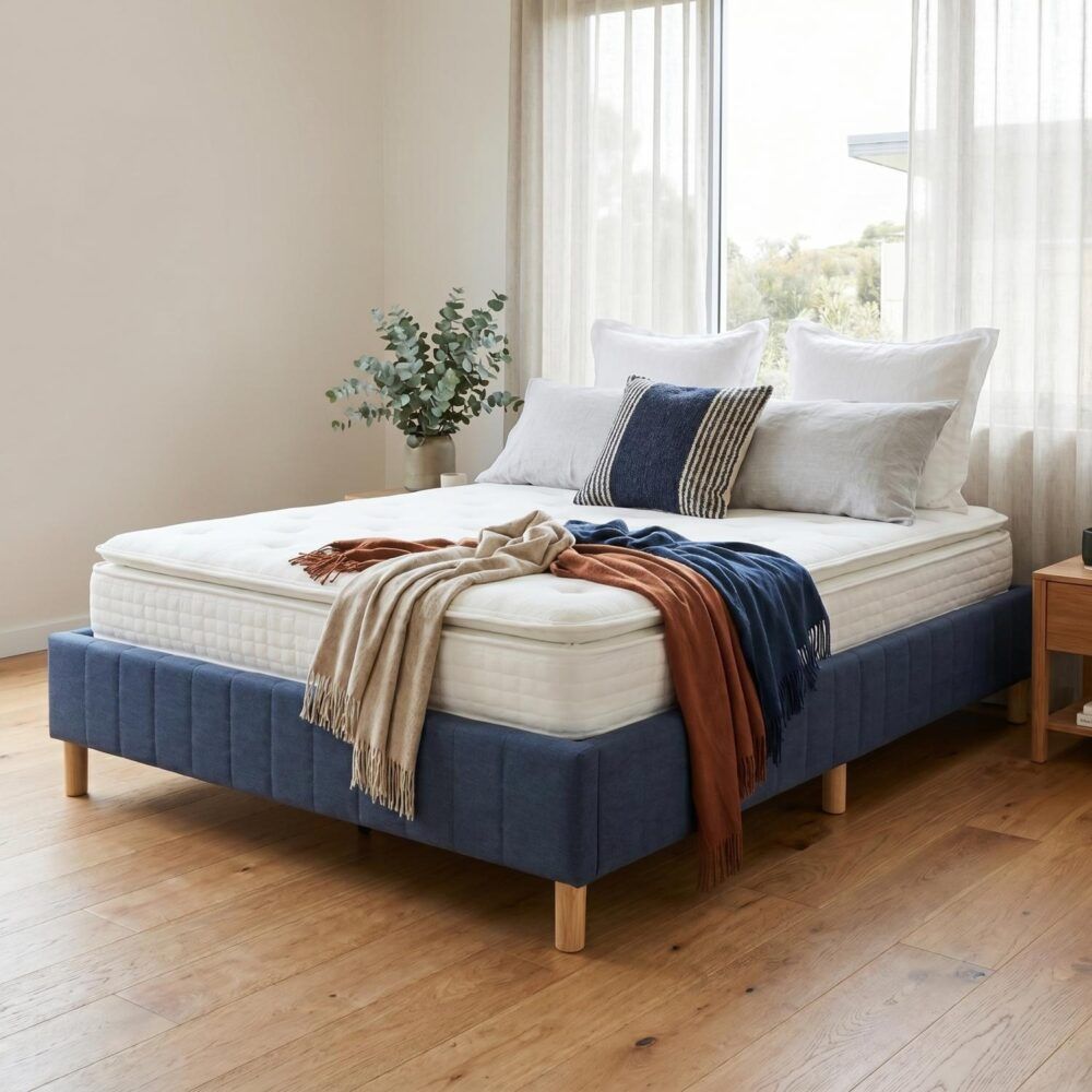 Metal Bed Frame Mattress Foundation Blue  Queen