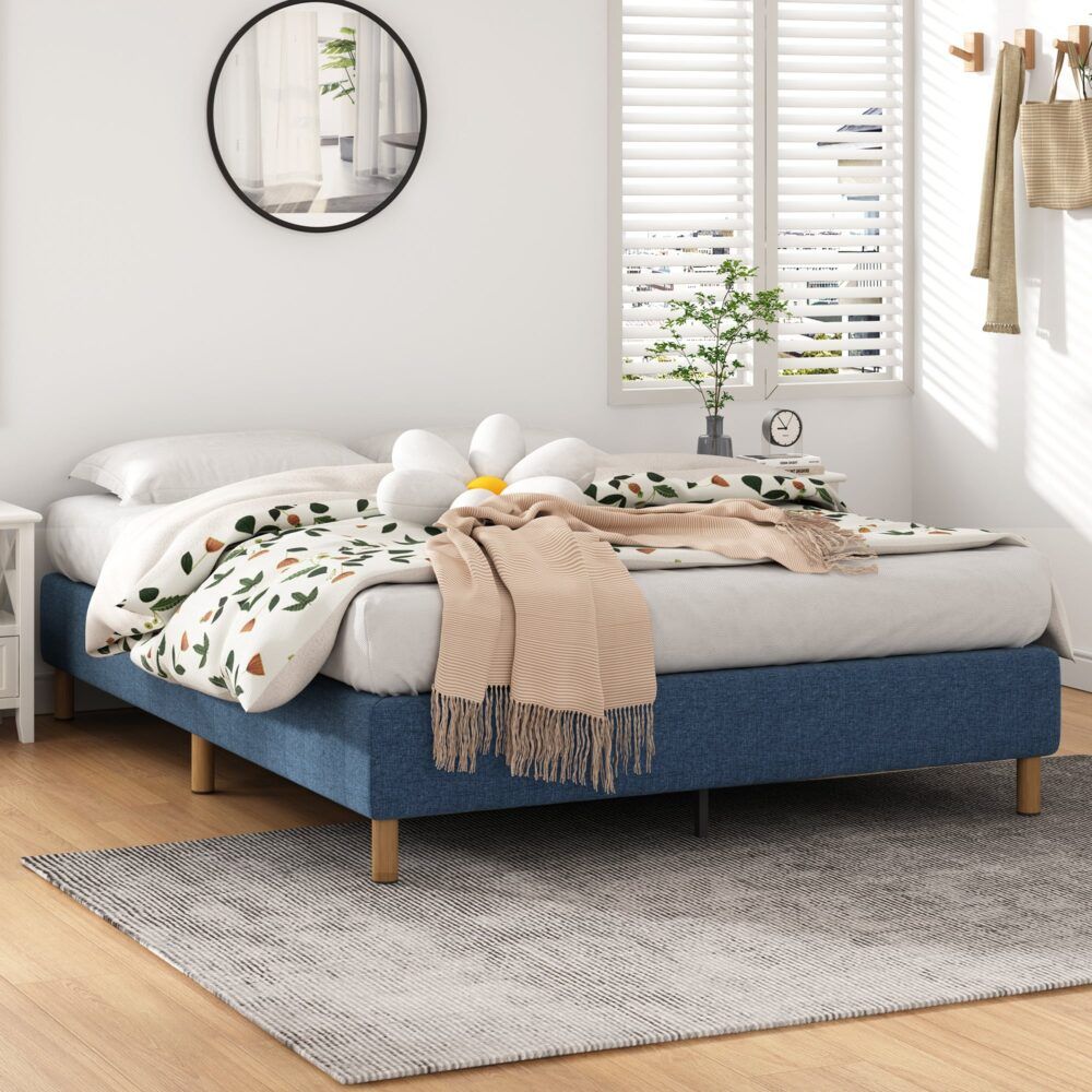 Metal Bed Frame Mattress Foundation Blue  Queen