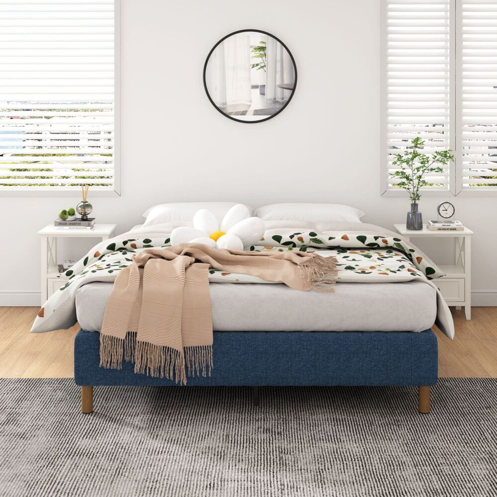 Metal Bed Frame Mattress Foundation Blue  Queen