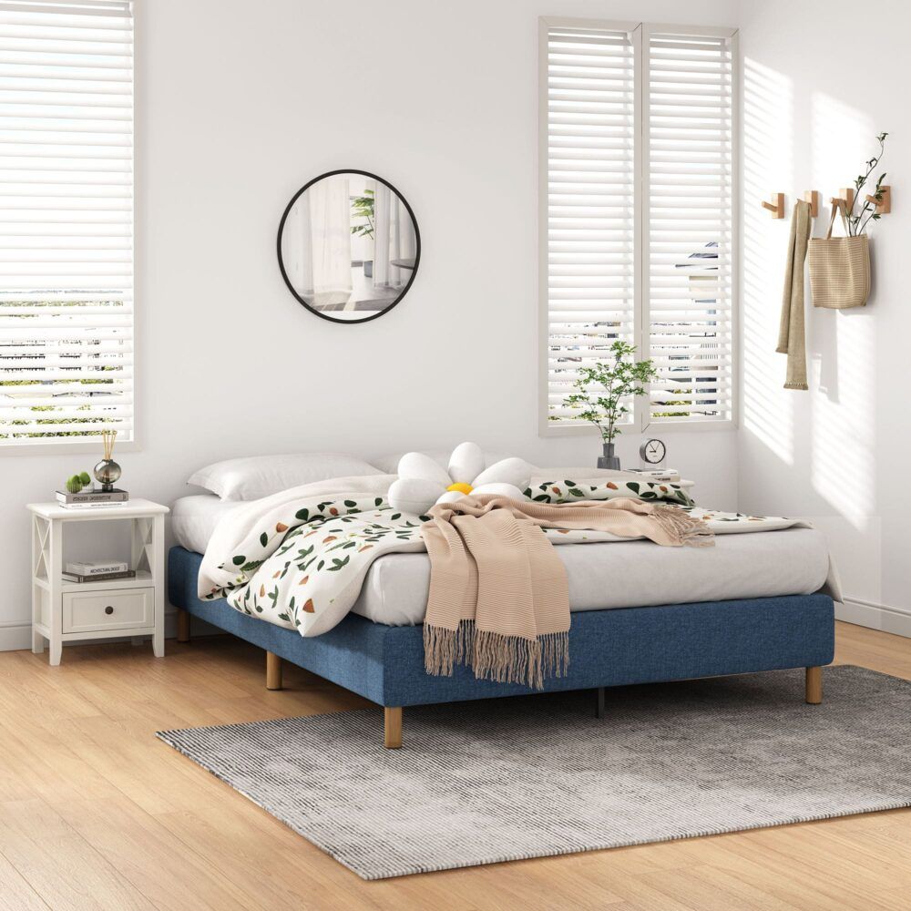 Queen Metal Bed Frame Blue Fabric Covered Mattress Foundation