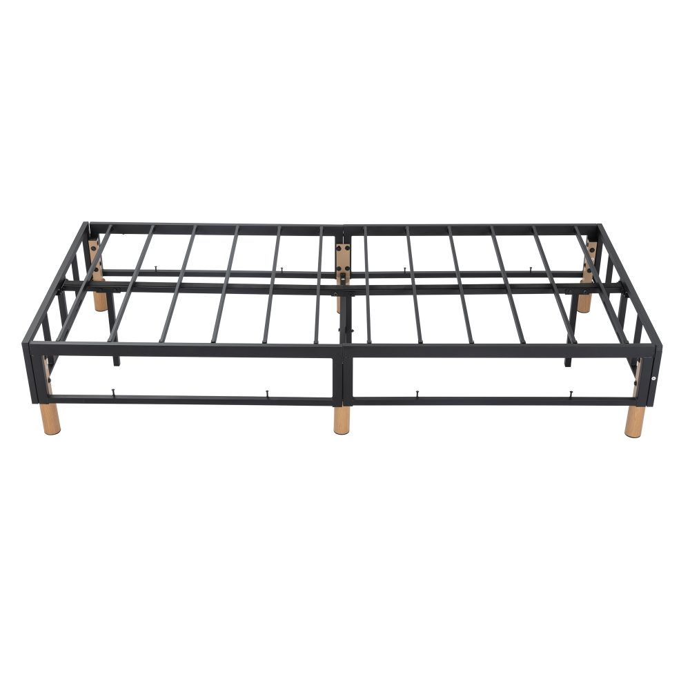 Queen Metal Bed Frame Blue Fabric Covered Mattress Foundation