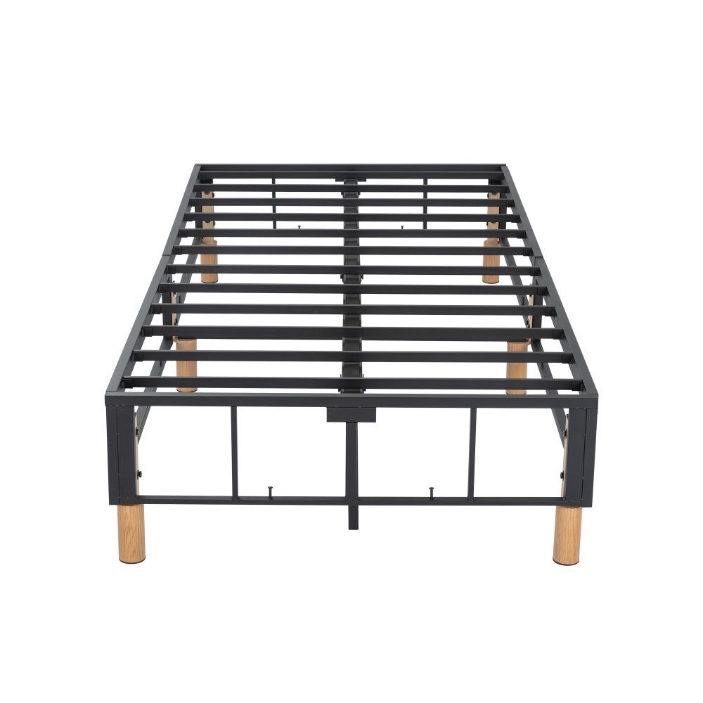 Queen Metal Bed Frame Blue Fabric Covered Mattress Foundation