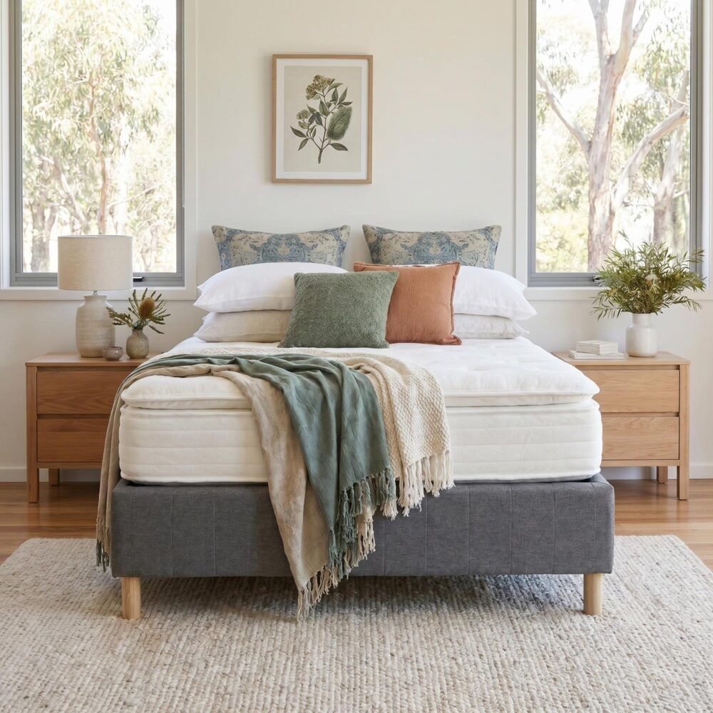 Double Metal Bed Frame Dark Grey Fabric Covered Mattress Foundation