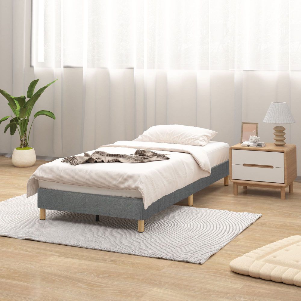 Double Metal Bed Frame Dark Grey Fabric Covered Mattress Foundation